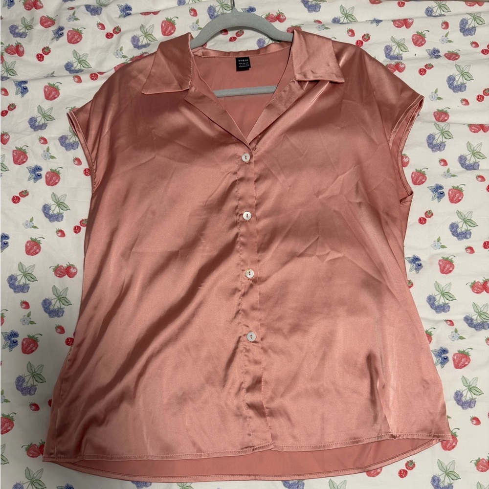 SHEIN Satin Button Down Shirt in Soft Pink